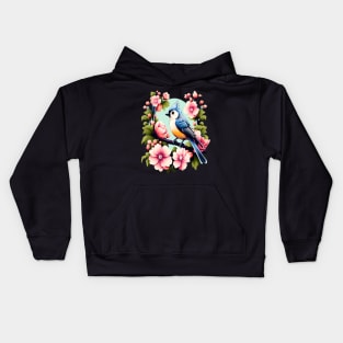 Cute Tufted Titmouse Surrounded by Vibrant Spring Flowers Kids Hoodie